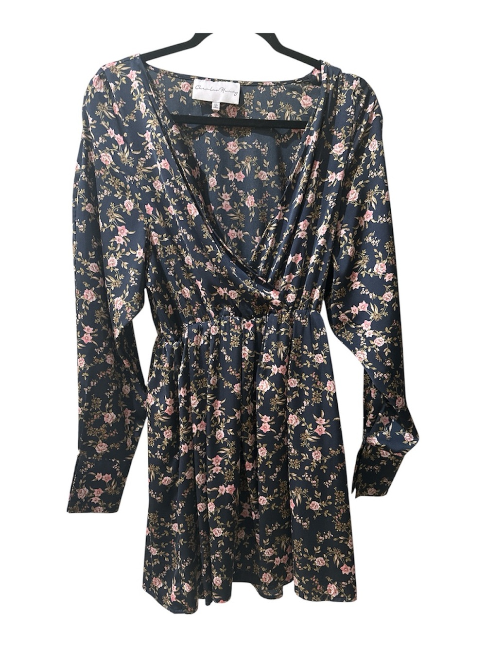 Charles Henry Navy Dress with Pink Floral Print, Long Sleeves